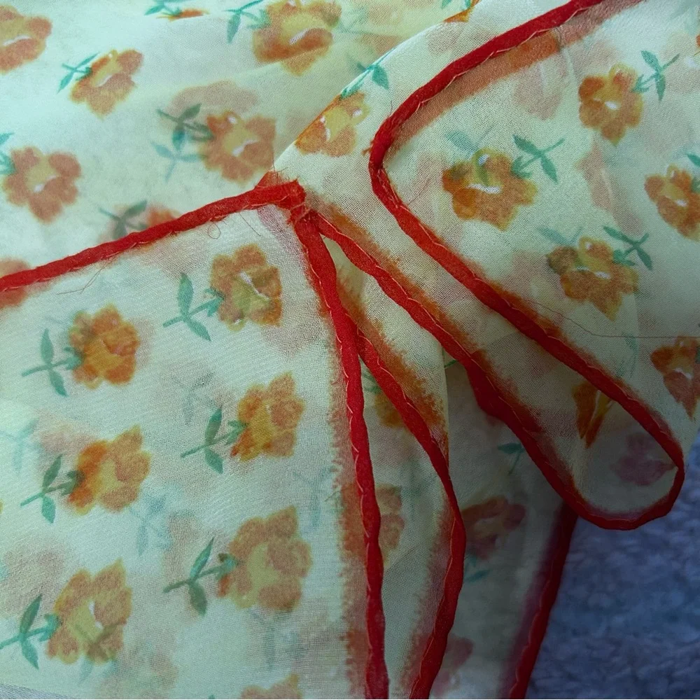 Yellow Floral Silk Scarf with Orange Trim - Women's Accessory